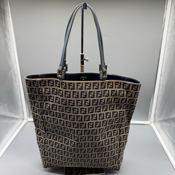 Fendi Handbags - Fendi Zucca FF Monogram Tote Bag Blue Leather Trim Italy W/ COA & Dustbag Vtg